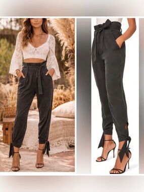 Reformation Avalon Black Tie Ankle Pleat Belted Trouser Pants High Waist 4P NEW